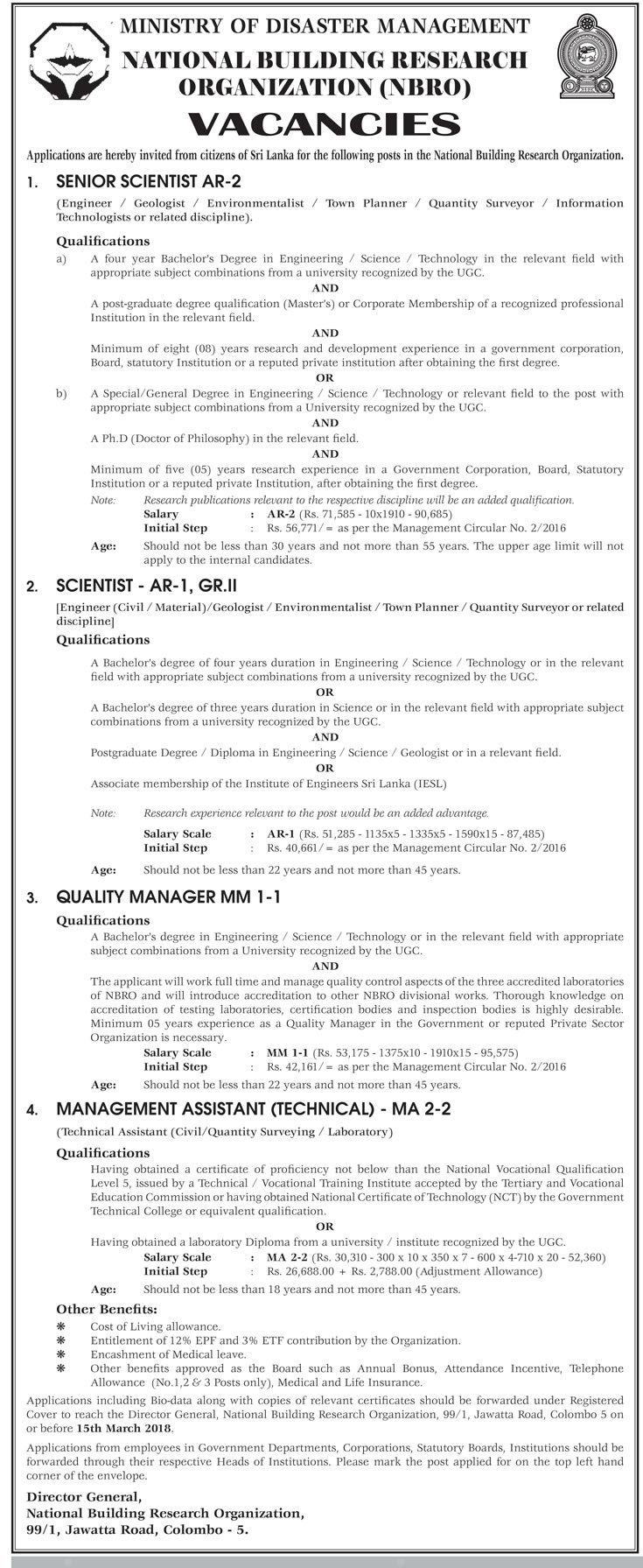 Senior Scientist, Scientist, Quality Manager, Management Assistant - National Building Research Organization